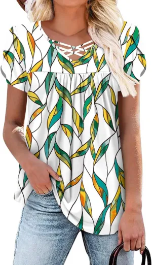 onlypuff Womens Tops Short Sleeve Shirts for Women V Neck Summer Tunic Tops Ladies Blouses Casual Loose Fit