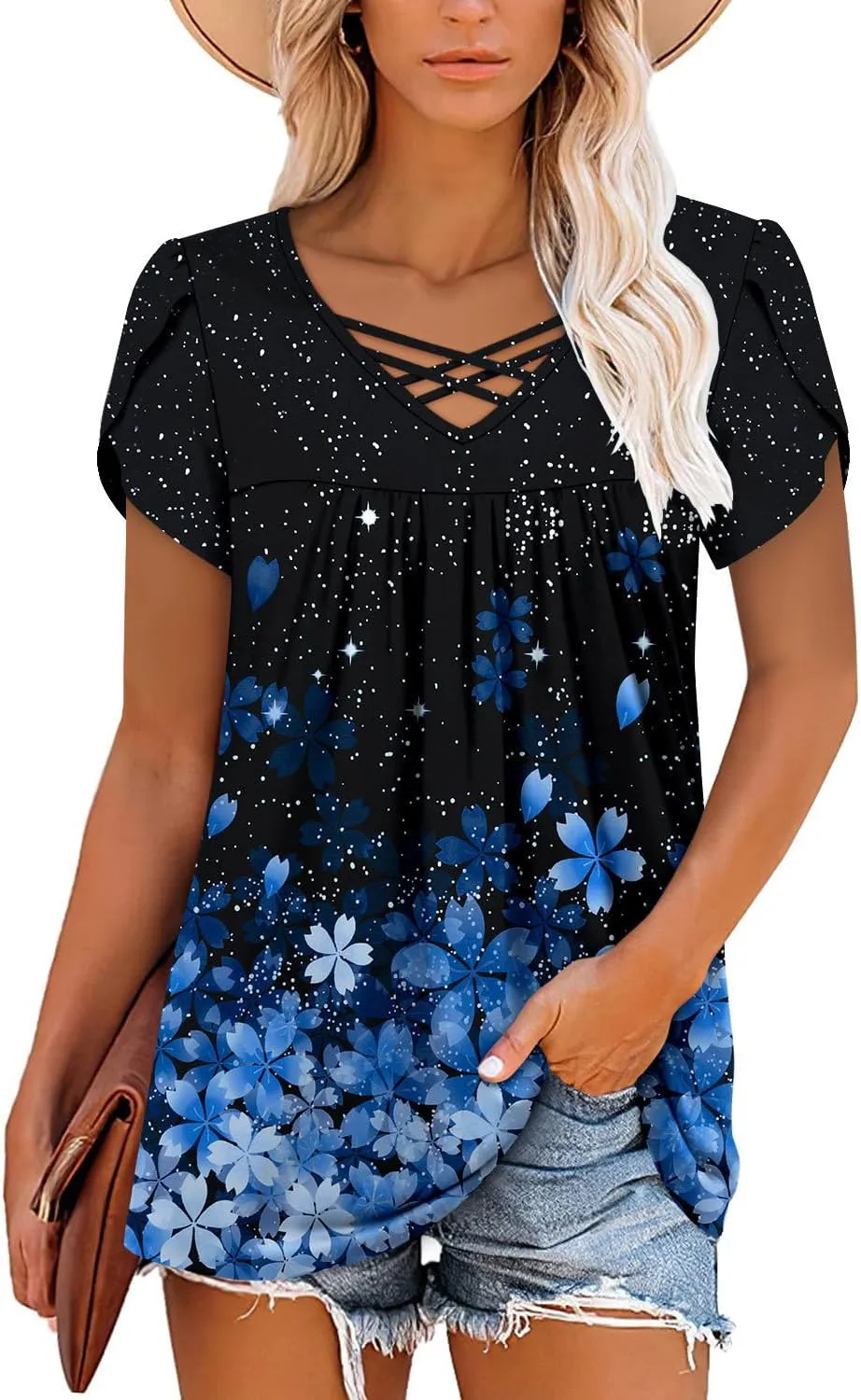 onlypuff Womens Tops Short Sleeve Shirts for Women V Neck Summer Tunic Tops Ladies Blouses Casual Loose Fit