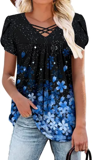 onlypuff Womens Tops Short Sleeve Shirts for Women V Neck Summer Tunic Tops Ladies Blouses Casual Loose Fit