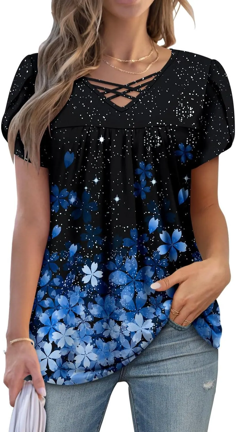 onlypuff Womens Tops Short Sleeve Shirts for Women V Neck Summer Tunic Tops Ladies Blouses Casual Loose Fit