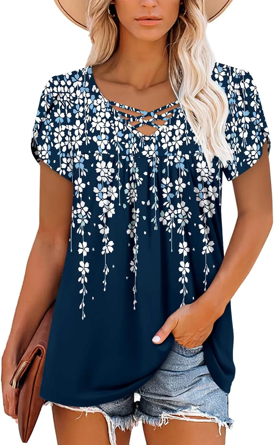 onlypuff Womens Tops Short Sleeve Shirts for Women V Neck Summer Tunic Tops Ladies Blouses Casual Loose Fit