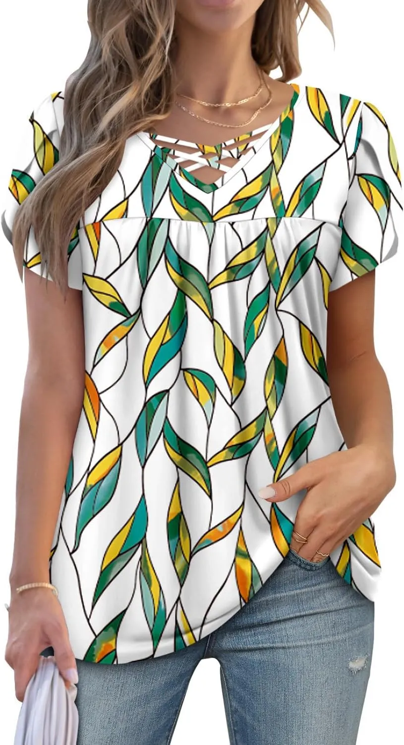 onlypuff Womens Tops Short Sleeve Shirts for Women V Neck Summer Tunic Tops Ladies Blouses Casual Loose Fit
