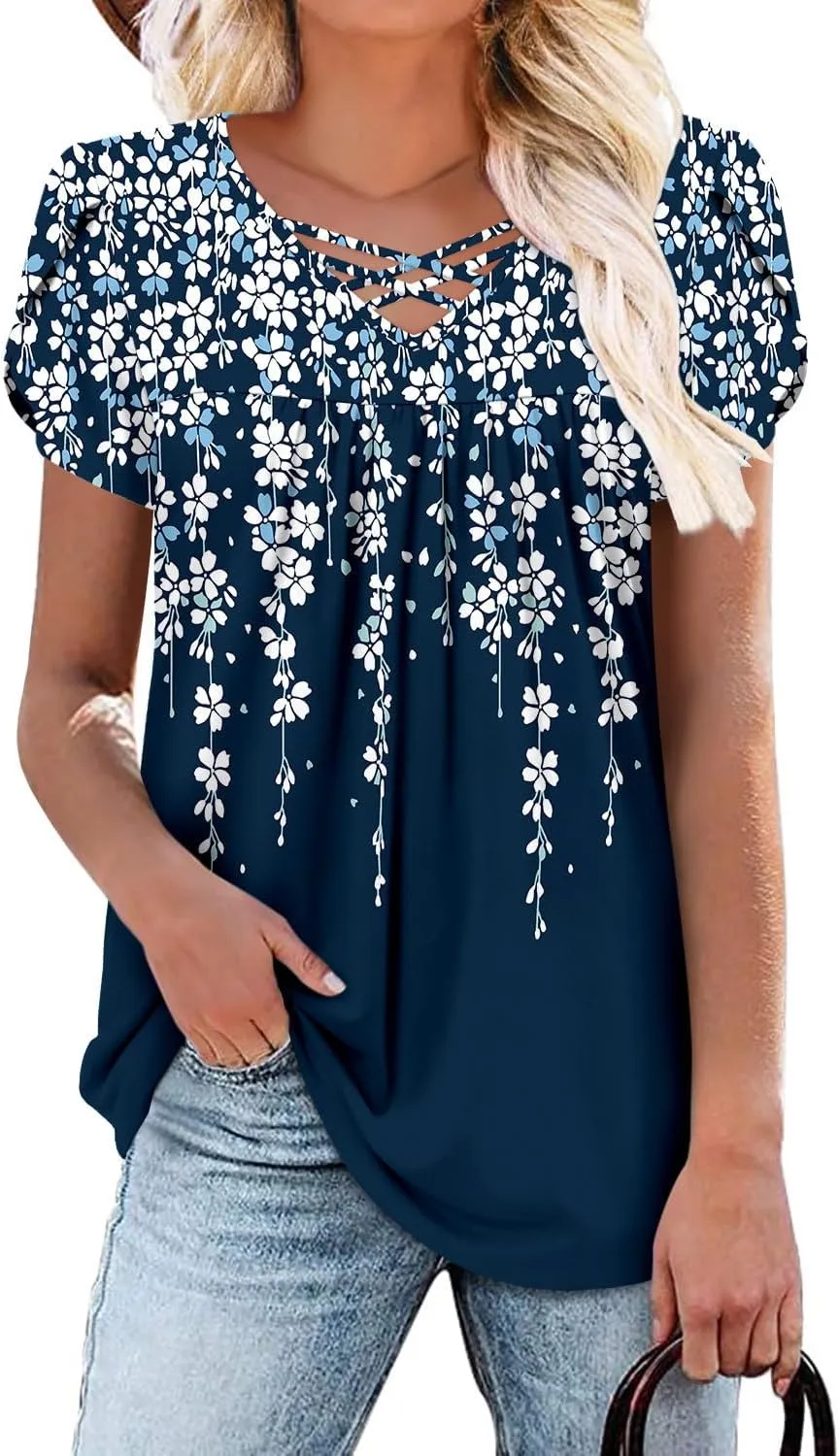 onlypuff Womens Tops Short Sleeve Shirts for Women V Neck Summer Tunic Tops Ladies Blouses Casual Loose Fit