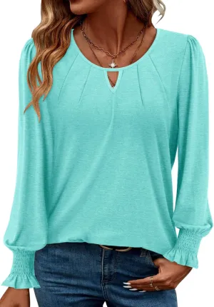 ONLYSHE Women's Long Sleeve Shirts Crewneck Tops TShirts Ladies Casual Flowy Tunic Tops Ruffle Fall Blouse