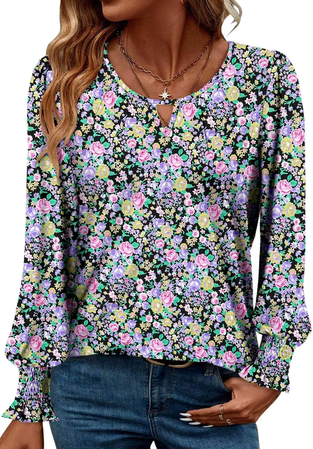 ONLYSHE Women's Long Sleeve Shirts Crewneck Tops TShirts Ladies Casual Flowy Tunic Tops Ruffle Fall Blouse