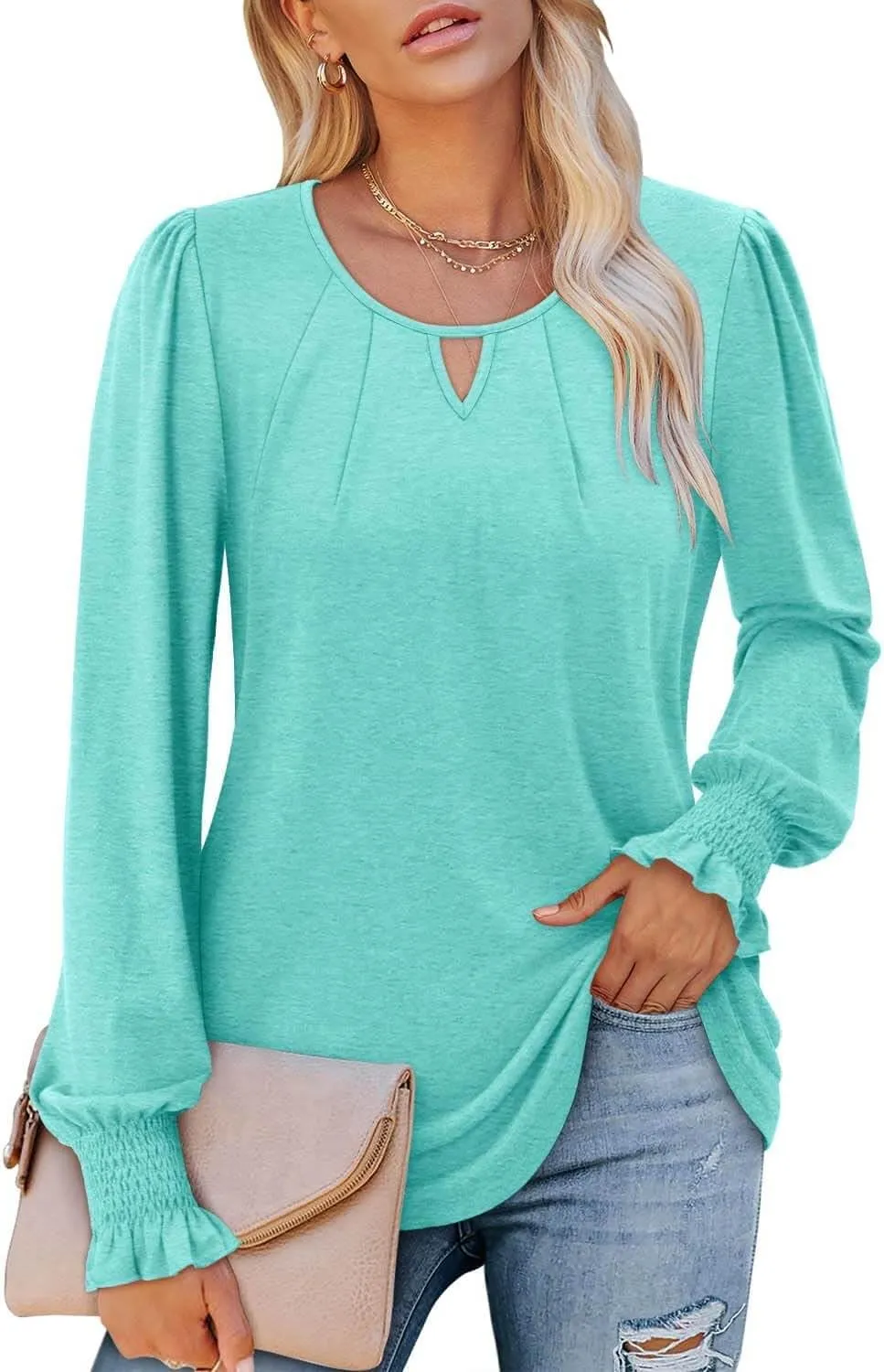 ONLYSHE Women's Long Sleeve Shirts Crewneck Tops TShirts Ladies Casual Flowy Tunic Tops Ruffle Fall Blouse