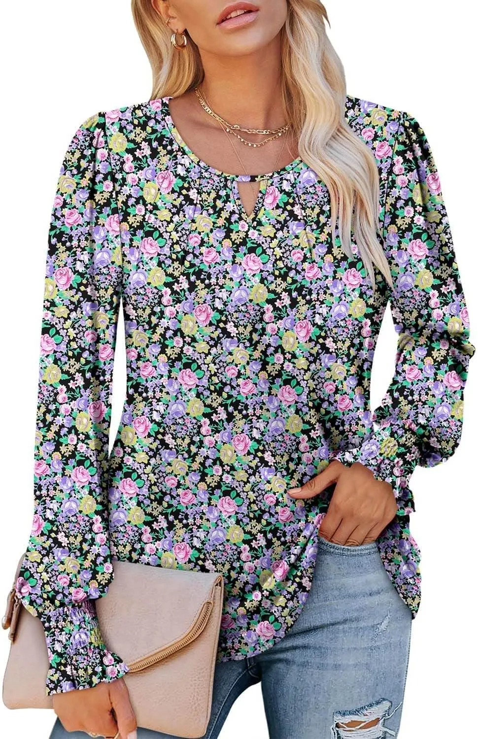 ONLYSHE Women's Long Sleeve Shirts Crewneck Tops TShirts Ladies Casual Flowy Tunic Tops Ruffle Fall Blouse