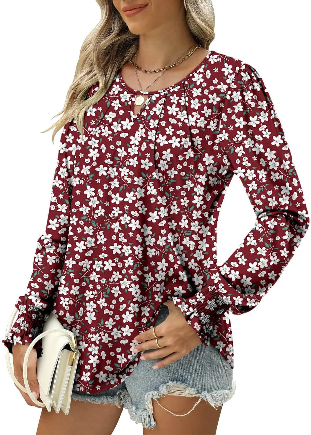 ONLYSHE Women's Long Sleeve Shirts Crewneck Tops TShirts Ladies Casual Flowy Tunic Tops Ruffle Fall Blouse