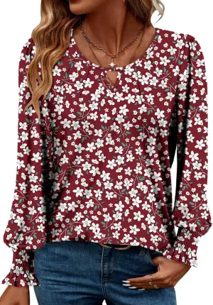 ONLYSHE Women's Long Sleeve Shirts Crewneck Tops TShirts Ladies Casual Flowy Tunic Tops Ruffle Fall Blouse