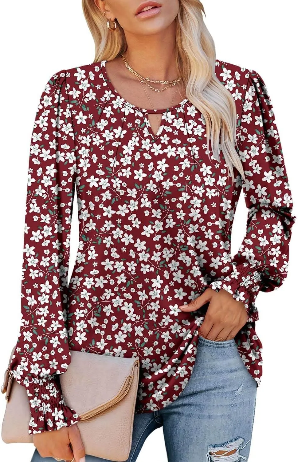 ONLYSHE Women's Long Sleeve Shirts Crewneck Tops TShirts Ladies Casual Flowy Tunic Tops Ruffle Fall Blouse