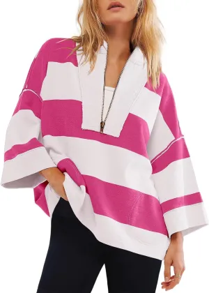 Oversized Sweatshirt for Women Y2K Half Zip Pullover Casual Loose Fit Striped Shirt with Pockets 2024 Fall Outfits