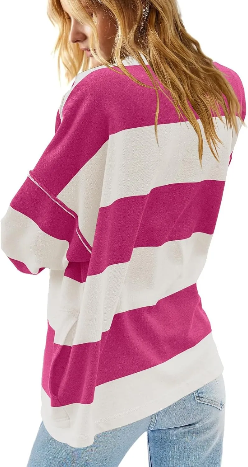Oversized Sweatshirt for Women Y2K Half Zip Pullover Casual Loose Fit Striped Shirt with Pockets 2024 Fall Outfits