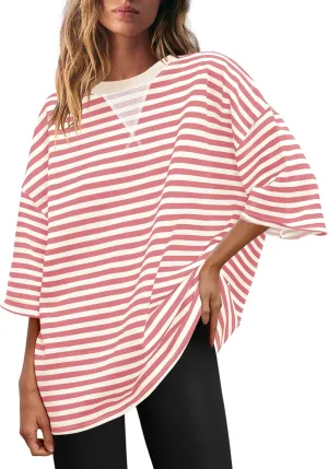 Panadila Womens Striped Short Sleeve Tunic Tops Oversized Crewneck T Shirt Casual Loose Fit Color Block Sweatshirt
