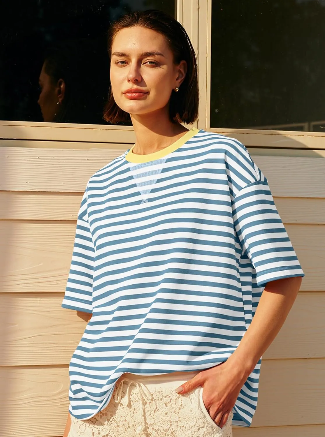 Panadila Womens Striped Short Sleeve Tunic Tops Oversized Crewneck T Shirt Casual Loose Fit Color Block Sweatshirt