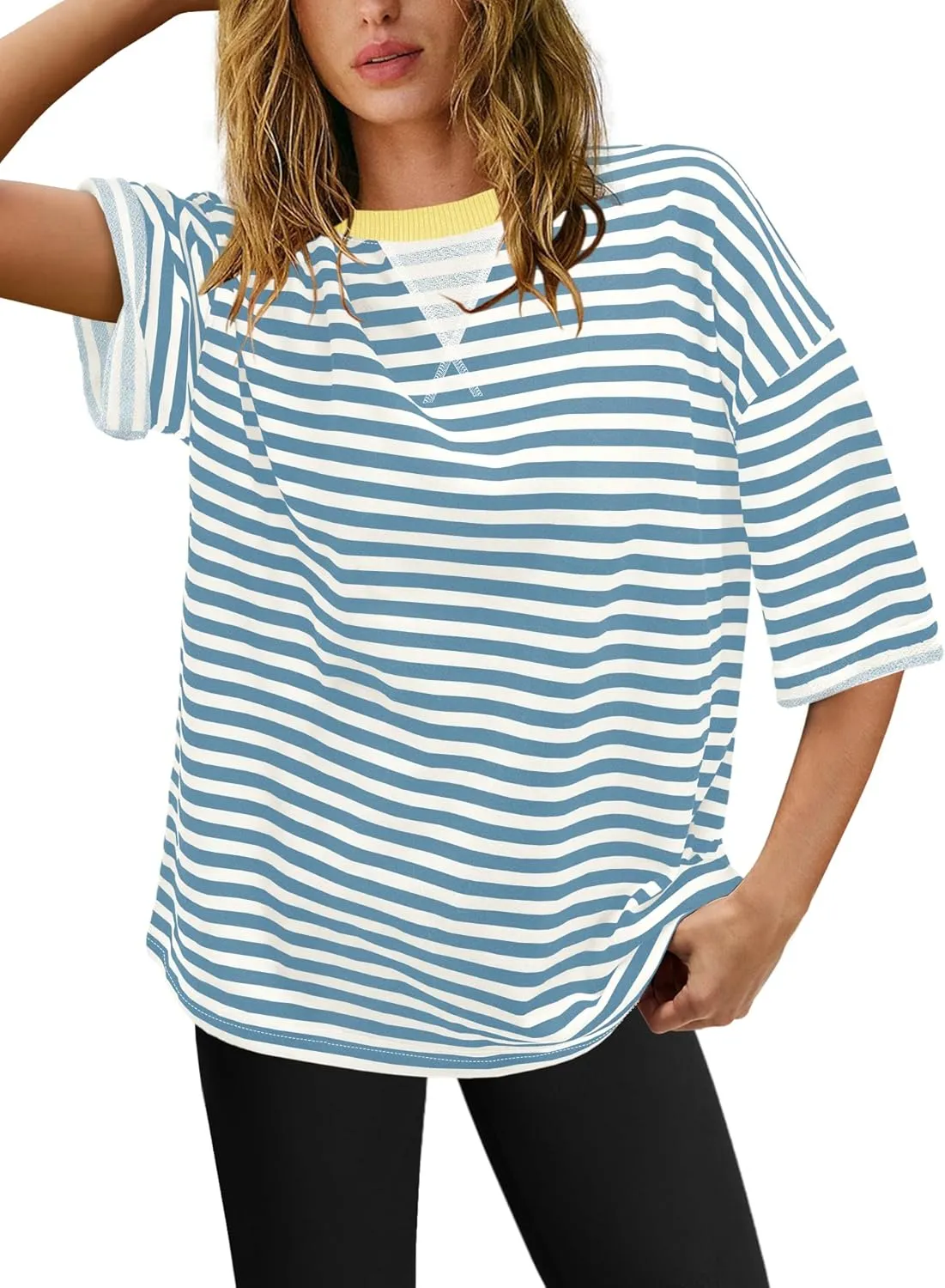 Panadila Womens Striped Short Sleeve Tunic Tops Oversized Crewneck T Shirt Casual Loose Fit Color Block Sweatshirt