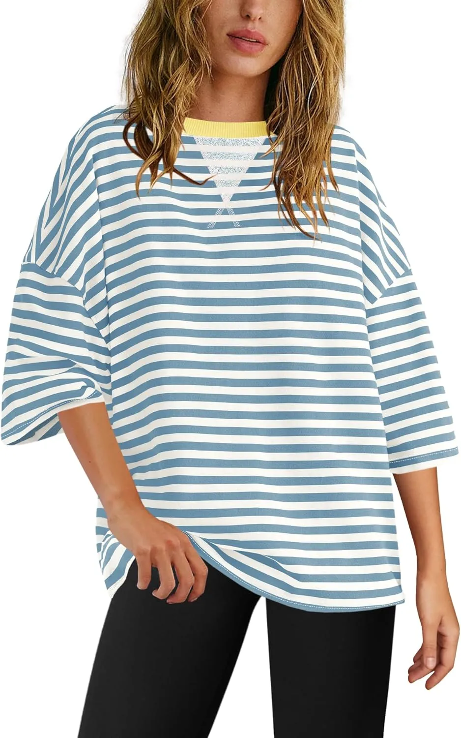 Panadila Womens Striped Short Sleeve Tunic Tops Oversized Crewneck T Shirt Casual Loose Fit Color Block Sweatshirt