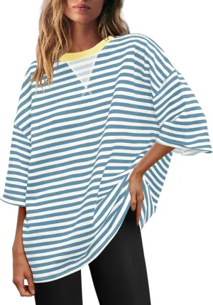 Panadila Womens Striped Short Sleeve Tunic Tops Oversized Crewneck T Shirt Casual Loose Fit Color Block Sweatshirt