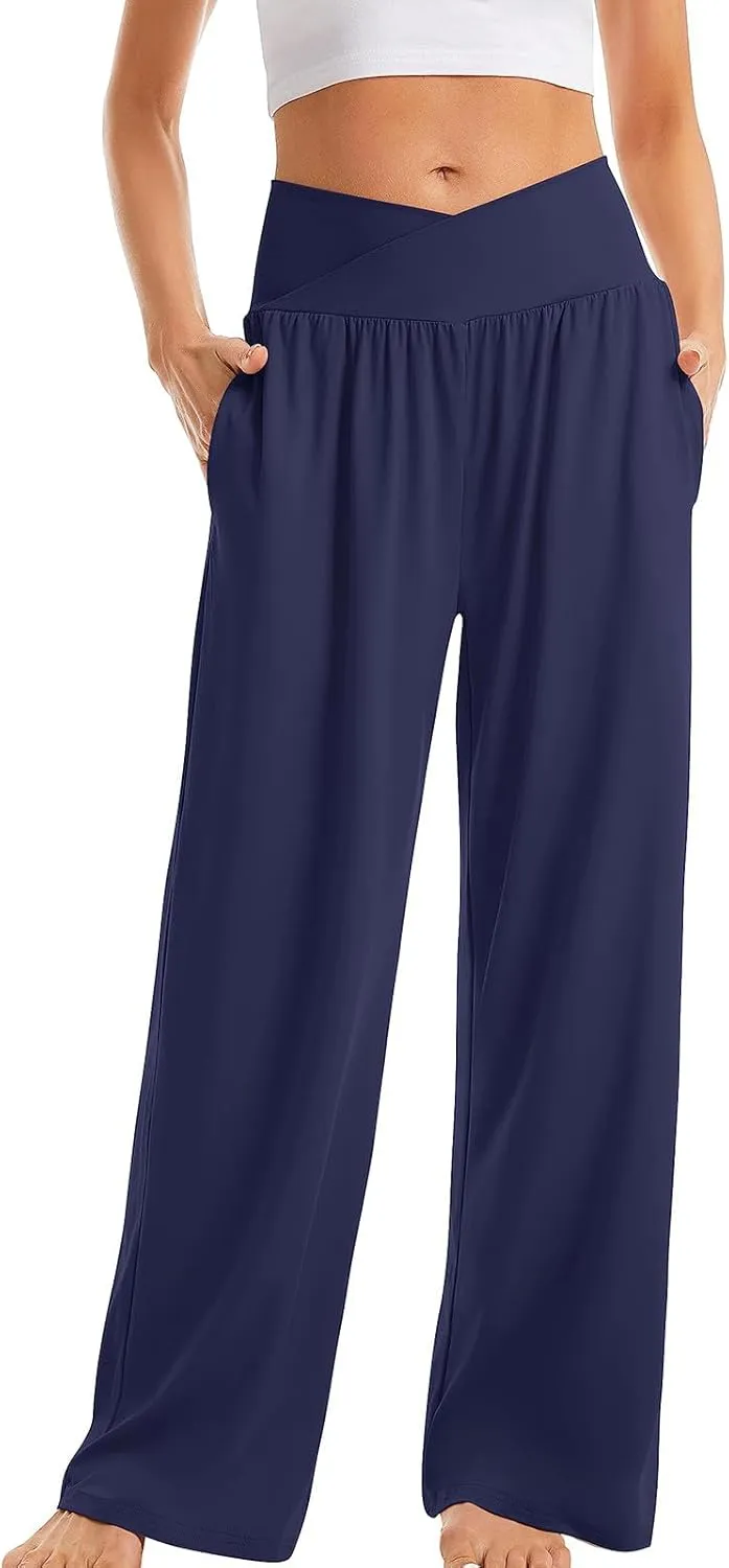 Pants for Women Casual Crossed Slim High Waist Trousers with Pockets Stretch Straight Wide Leg Ladies Pant Summer Beach