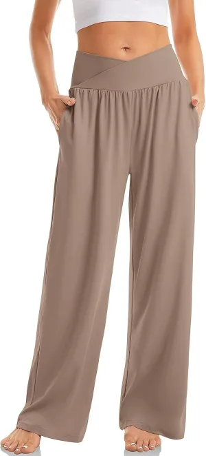 Pants for Women Casual Crossed Slim High Waist Trousers with Pockets Stretch Straight Wide Leg Ladies Pant Summer Beach