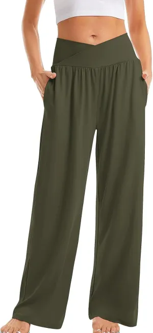 Pants for Women Casual Crossed Slim High Waist Trousers with Pockets Stretch Straight Wide Leg Ladies Pant Summer Beach
