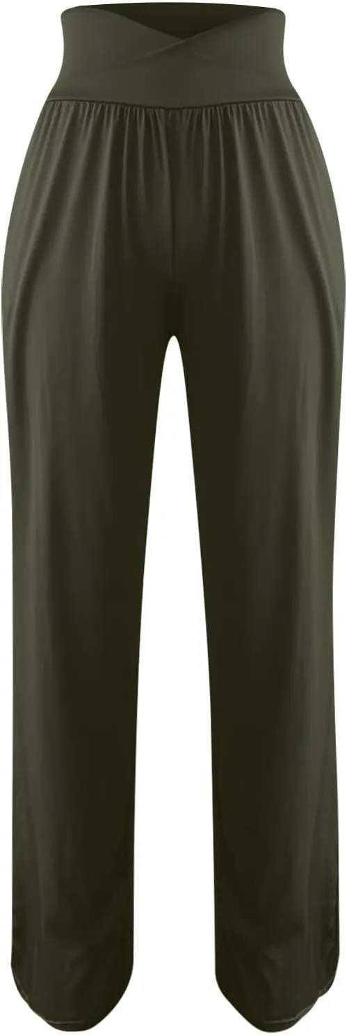 Pants for Women Casual Crossed Slim High Waist Trousers with Pockets Stretch Straight Wide Leg Ladies Pant Summer Beach