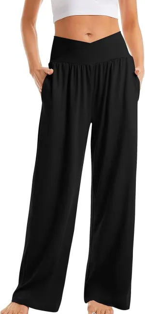 Pants for Women Casual Crossed Slim High Waist Trousers with Pockets Stretch Straight Wide Leg Ladies Pant Summer Beach