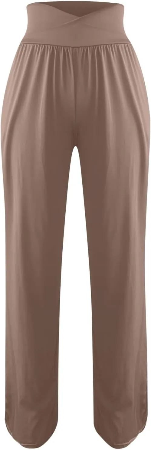 Pants for Women Casual Crossed Slim High Waist Trousers with Pockets Stretch Straight Wide Leg Ladies Pant Summer Beach
