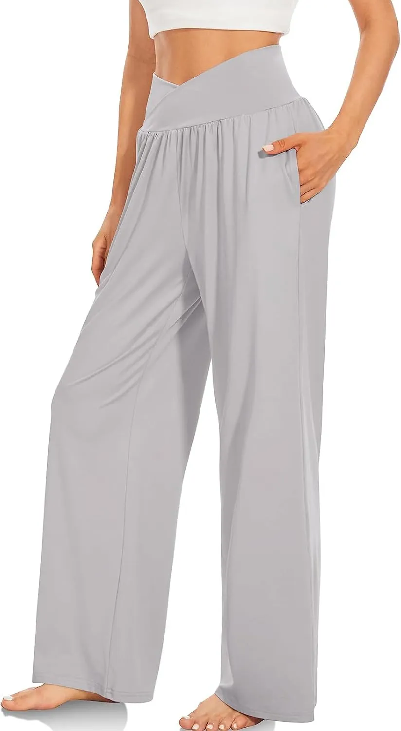 Pants for Women Casual Crossed Slim High Waist Trousers with Pockets Stretch Straight Wide Leg Ladies Pant Summer Beach