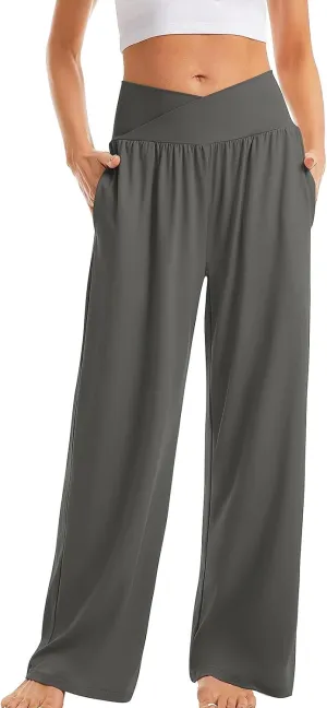 Pants for Women Casual Crossed Slim High Waist Trousers with Pockets Stretch Straight Wide Leg Ladies Pant Summer Beach