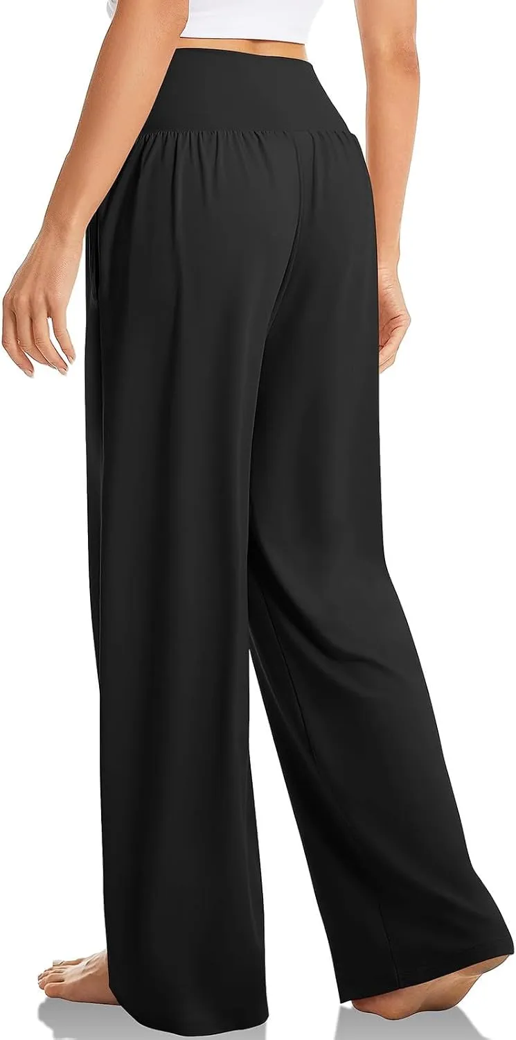 Pants for Women Casual Crossed Slim High Waist Trousers with Pockets Stretch Straight Wide Leg Ladies Pant Summer Beach