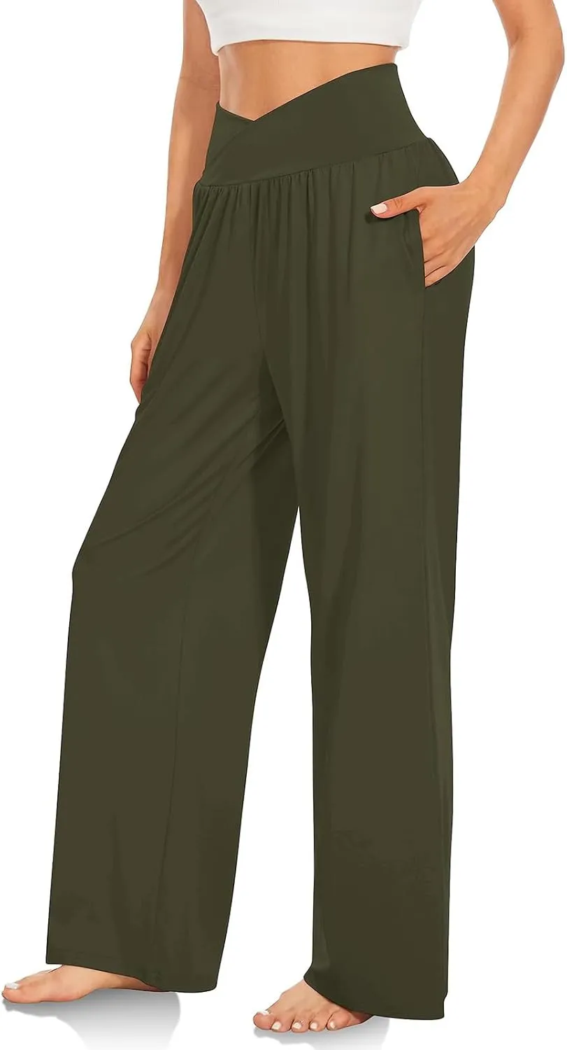 Pants for Women Casual Crossed Slim High Waist Trousers with Pockets Stretch Straight Wide Leg Ladies Pant Summer Beach