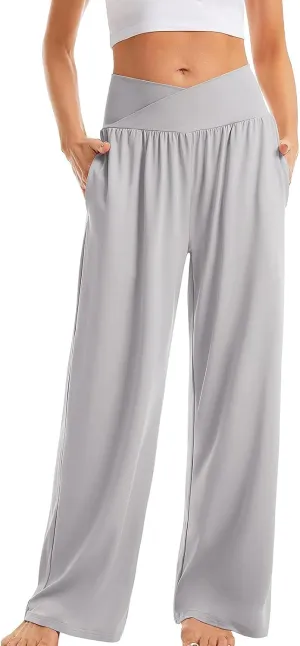 Pants for Women Casual Crossed Slim High Waist Trousers with Pockets Stretch Straight Wide Leg Ladies Pant Summer Beach