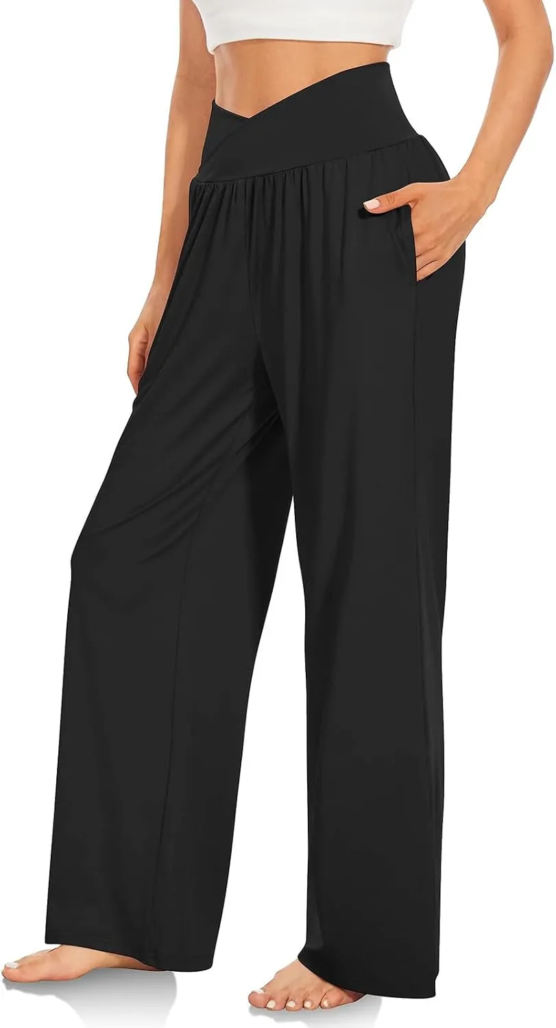 Pants for Women Casual Crossed Slim High Waist Trousers with Pockets Stretch Straight Wide Leg Ladies Pant Summer Beach