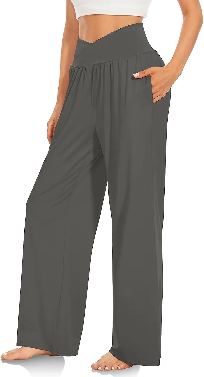 Pants for Women Casual Crossed Slim High Waist Trousers with Pockets Stretch Straight Wide Leg Ladies Pant Summer Beach