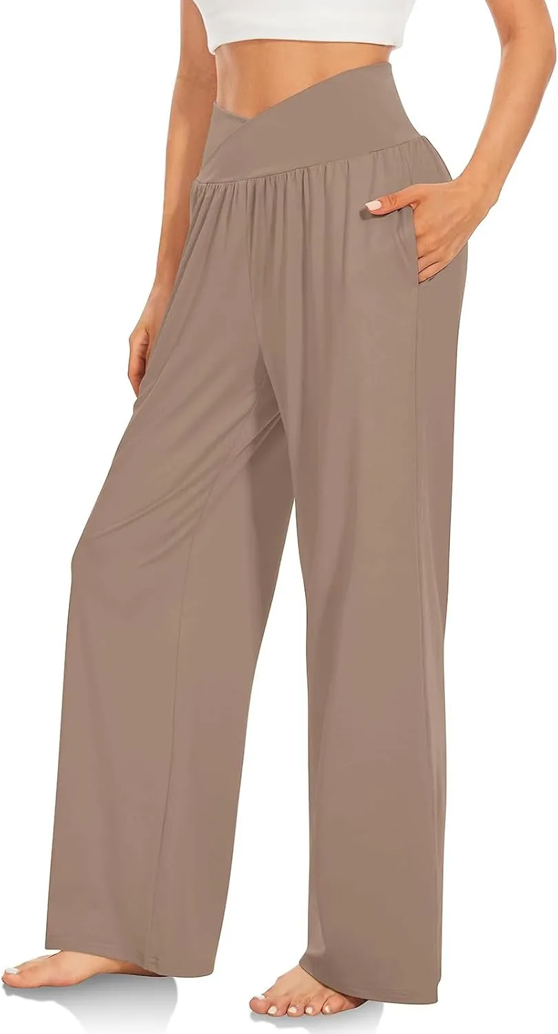 Pants for Women Casual Crossed Slim High Waist Trousers with Pockets Stretch Straight Wide Leg Ladies Pant Summer Beach