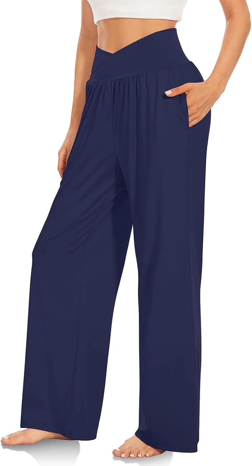 Pants for Women Casual Crossed Slim High Waist Trousers with Pockets Stretch Straight Wide Leg Ladies Pant Summer Beach