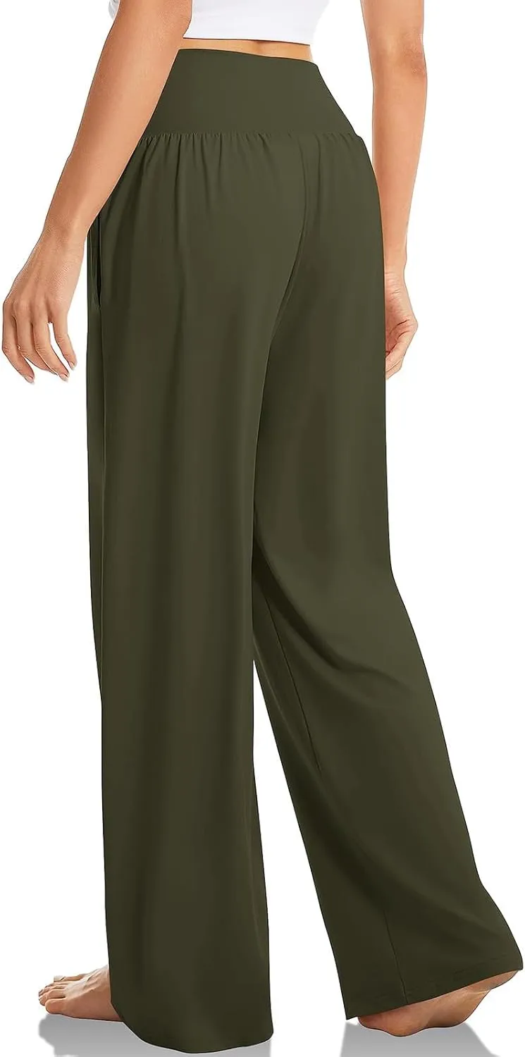 Pants for Women Casual Crossed Slim High Waist Trousers with Pockets Stretch Straight Wide Leg Ladies Pant Summer Beach