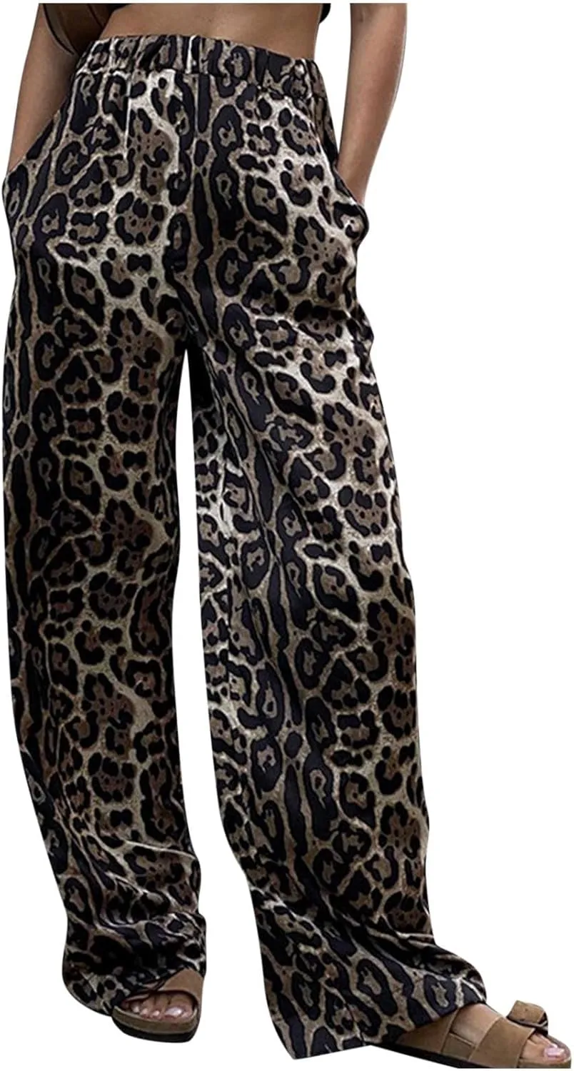 Pants for Women Fall Leopard Print High Waist Slim Wide Leg Trousers Trendy Daily Travel Photo Straight Denim Pant