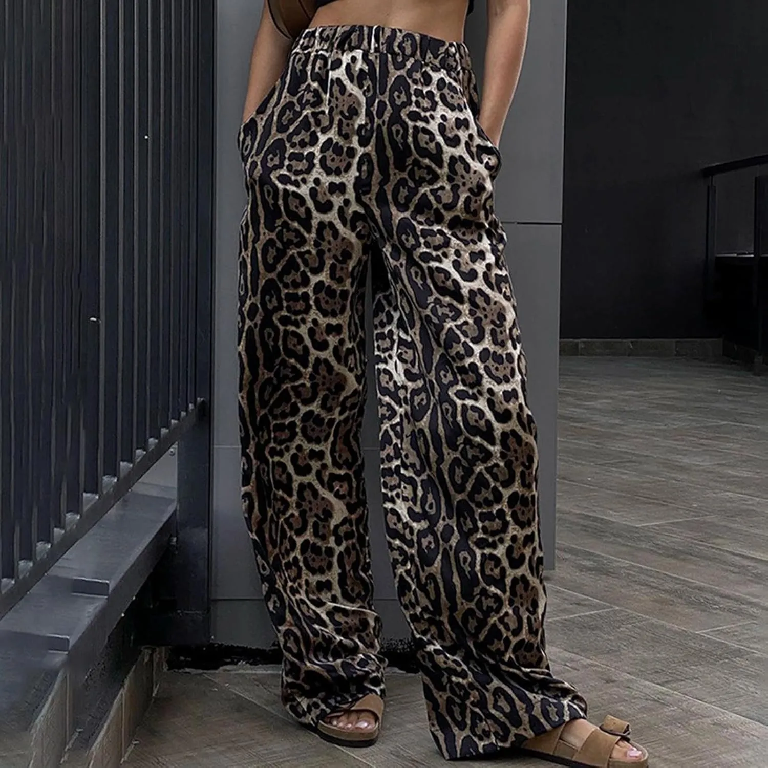 Pants for Women Fall Leopard Print High Waist Slim Wide Leg Trousers Trendy Daily Travel Photo Straight Denim Pant