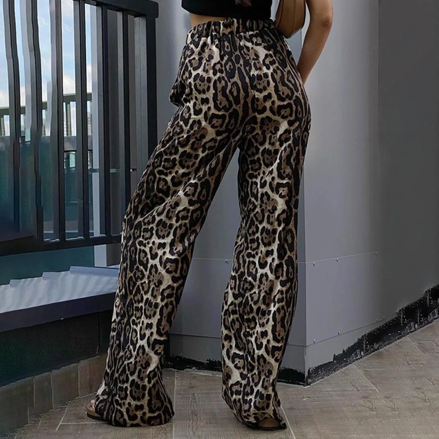 Pants for Women Fall Leopard Print High Waist Slim Wide Leg Trousers Trendy Daily Travel Photo Straight Denim Pant