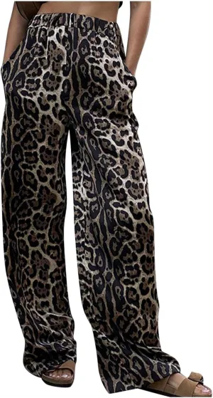 Pants for Women Fall Leopard Print High Waist Slim Wide Leg Trousers Trendy Daily Travel Photo Straight Denim Pant