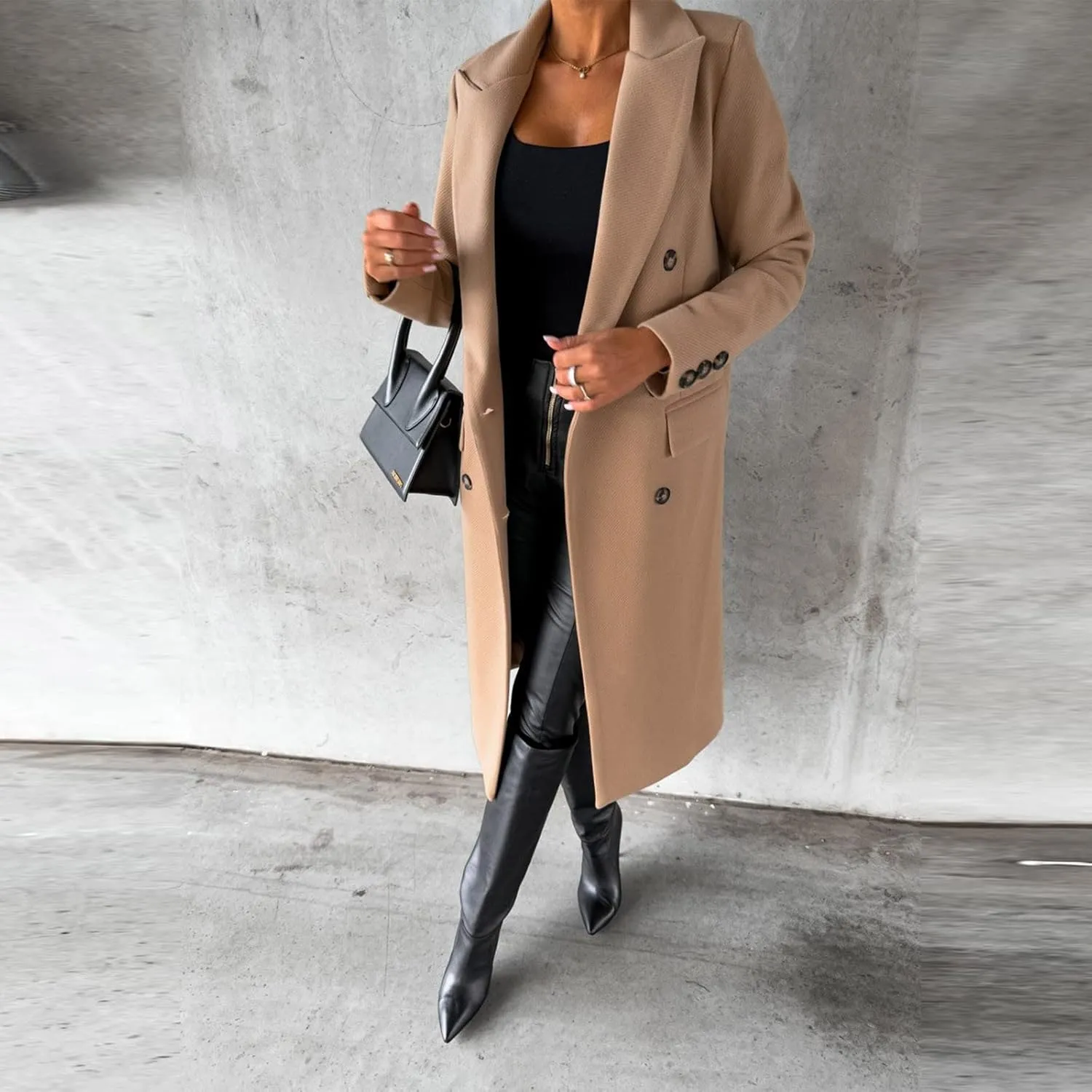 Pea Coats for Women Double Breasted Warm Winter Trench Coat Notched Collar Open Front Overcoat Outwear