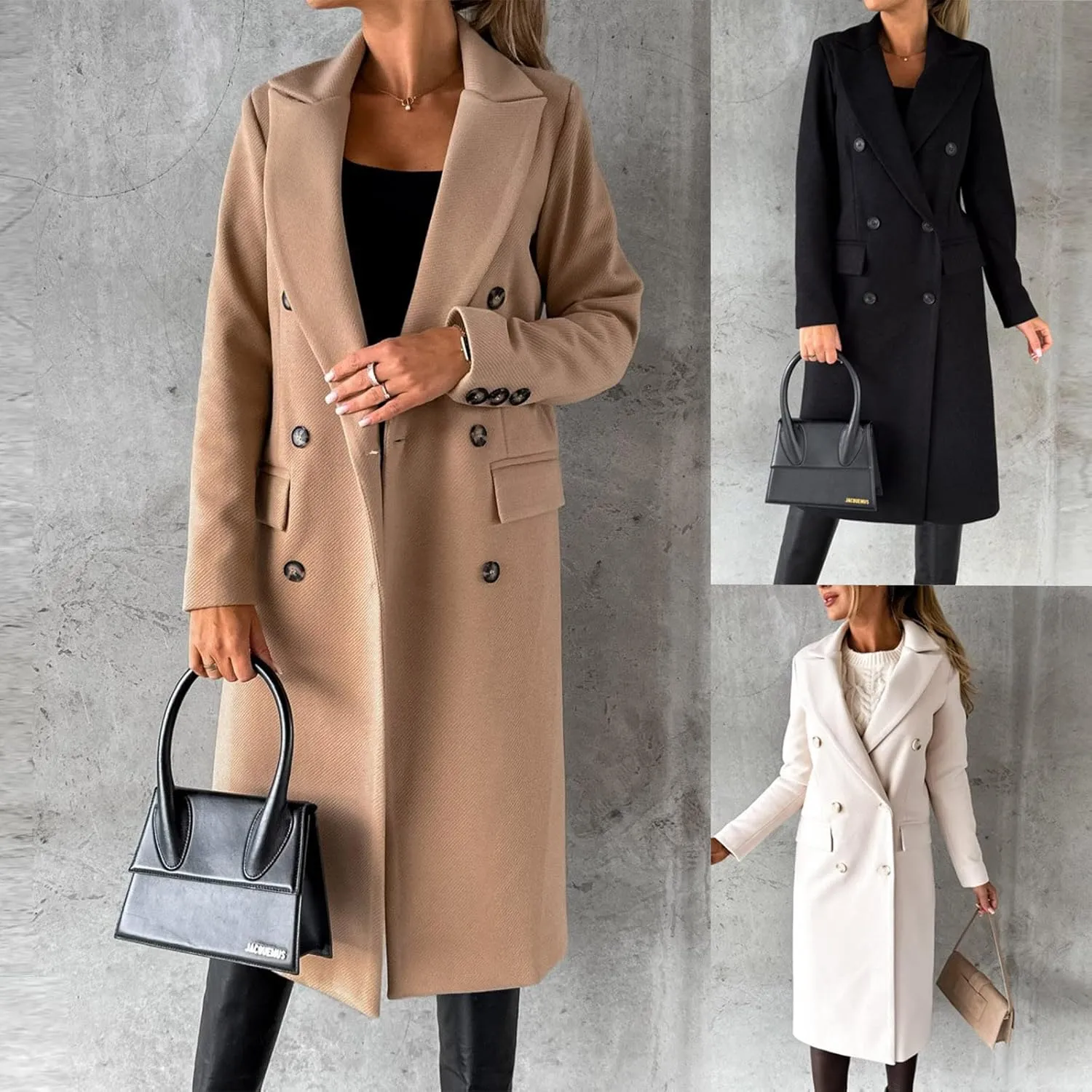 Pea Coats for Women Double Breasted Warm Winter Trench Coat Notched Collar Open Front Overcoat Outwear