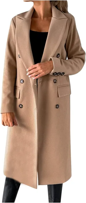 Pea Coats for Women Double Breasted Warm Winter Trench Coat Notched Collar Open Front Overcoat Outwear