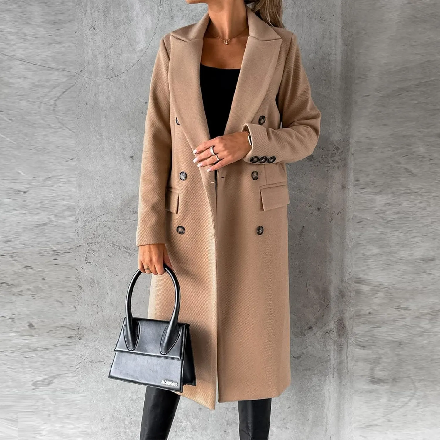 Pea Coats for Women Double Breasted Warm Winter Trench Coat Notched Collar Open Front Overcoat Outwear