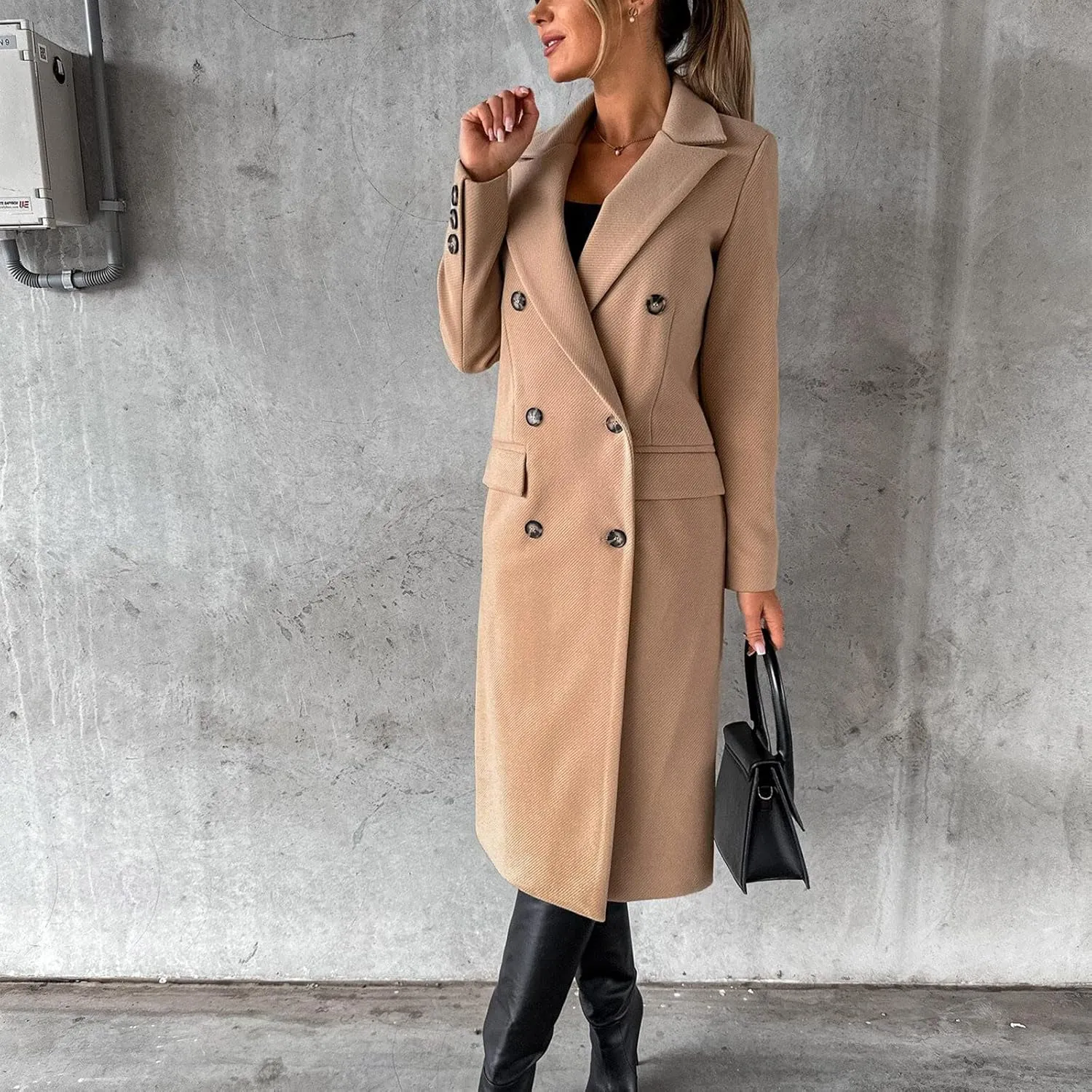 Pea Coats for Women Double Breasted Warm Winter Trench Coat Notched Collar Open Front Overcoat Outwear