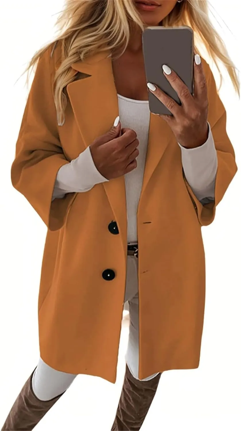 Pea Coats for Women Trendy Lapel Button 3/4 Sleeve Coats Winter Double Breasted Wool Coats with Pockets