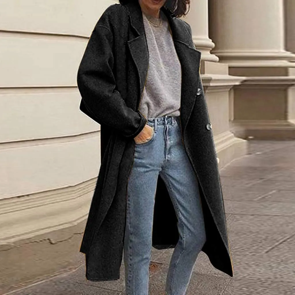 Pea Coats for Women Winter Wool Blend Camel Trench Coat Notch Lapel Double-Breasted Mid-Long Jacket Outwear