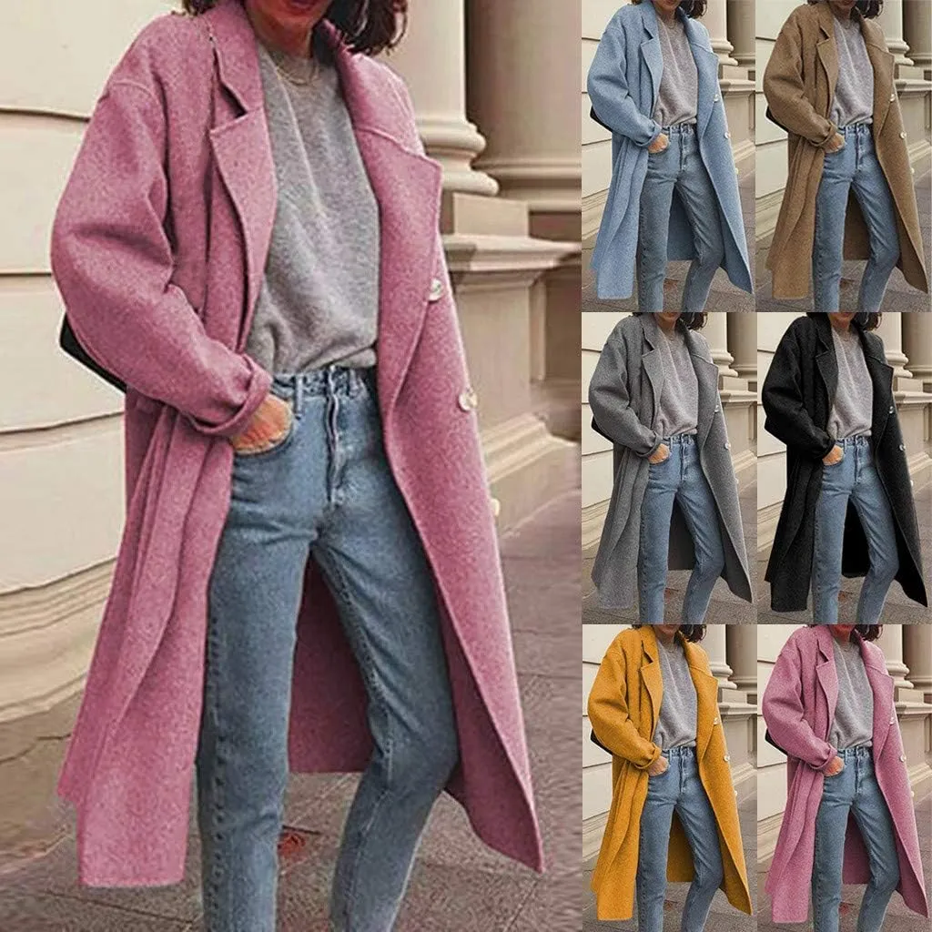 Pea Coats for Women Winter Wool Blend Camel Trench Coat Notch Lapel Double-Breasted Mid-Long Jacket Outwear