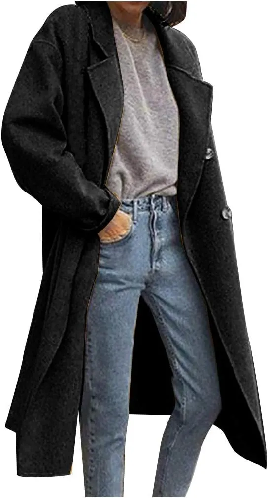 Pea Coats for Women Winter Wool Blend Camel Trench Coat Notch Lapel Double-Breasted Mid-Long Jacket Outwear